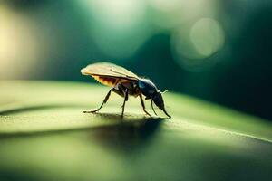 ein fliegen auf ein Blatt. KI-generiert foto