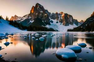 das Berge sind reflektiert im das Wasser beim Sonnenuntergang. KI-generiert foto