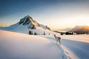 ein Hirsch steht im das Schnee auf ein Berg. KI-generiert foto