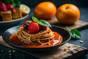 Spaghetti mit Tomate Soße und frisch Erdbeeren auf ein schwarz Platte. KI-generiert foto