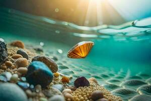 ein Schale schwebend im das Wasser mit Kieselsteine und Muscheln. KI-generiert foto