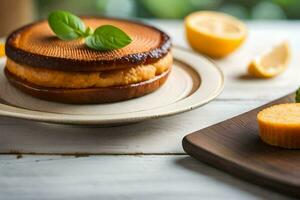 ein Kuchen auf ein Teller mit Zitrone Scheiben. KI-generiert foto