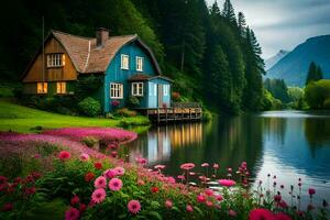 Foto Hintergrund Wasser, Blumen, Berge, See, Haus, Blumen, das Himmel, das See. KI-generiert