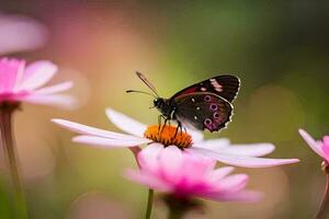 ein Schmetterling sitzt auf ein Rosa Blume. KI-generiert foto