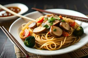 Chinesisch Essen mit Nudeln und Fleisch. KI-generiert foto