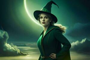 das Hexe ist tragen ein Grün Hut und halten ein Zauberstab. KI-generiert foto