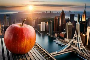 ein Apfel sitzt auf oben von ein Brücke mit Blick auf ein Stadt. KI-generiert foto