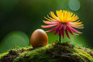 ein Blume und ein Ei auf ein moosig Boden. KI-generiert foto