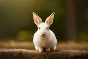 ein Weiß Hase Sitzung auf ein Log im das Wald. KI-generiert foto