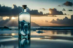 ein Botschaft im ein Flasche auf das Strand. KI-generiert foto