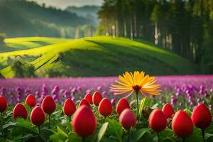 ein Feld von rot und lila Blumen im das Mitte von ein Grün Feld. KI-generiert foto