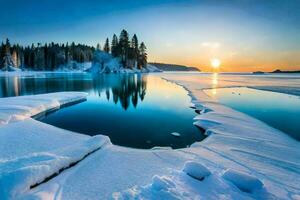 Foto Hintergrund das Himmel, Schnee, Bäume, See, das Sonne, Winter, das Wald,. KI-generiert