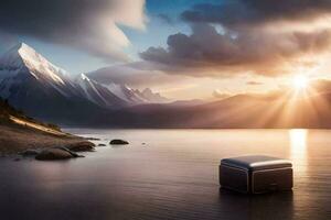 ein Box Sitzung auf das Wasser mit Berge im das Hintergrund. KI-generiert foto