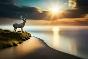 ein Hirsch steht auf das Ufer von ein See beim Sonnenuntergang. KI-generiert foto
