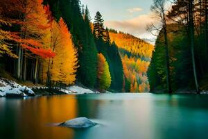 Herbst Bäume im das Wald mit ein Fluss. KI-generiert foto