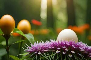 zwei Eier sind Sitzung auf ein Blume. KI-generiert foto