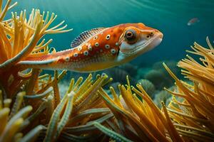 ein Fisch Schwimmen im das Ozean mit ein Anemone. KI-generiert foto