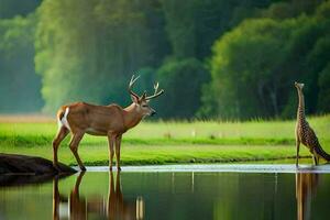 ein Hirsch und Giraffe Stehen im das Wasser. KI-generiert foto