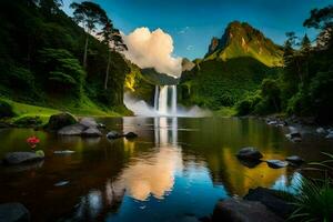 das Wasserfall ist reflektiert im das Wasser. KI-generiert foto