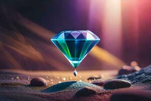 ein Diamant ist Sitzung auf das Boden mit Felsen und ein Licht leuchtenden auf Es. KI-generiert foto
