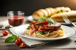 gegrillt Lachs mit Spaghetti und Tomaten auf ein Platte. KI-generiert foto