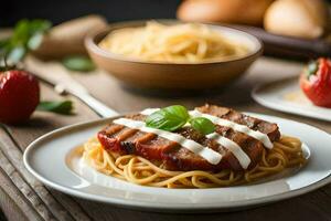 ein Teller von Fleisch und Spaghetti mit ein Soße auf Es. KI-generiert foto