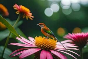 ein Vogel thront auf ein Blume im das Garten. KI-generiert foto