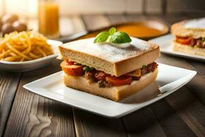 ein Sandwich mit Fleisch und Gemüse auf ein Platte. KI-generiert foto