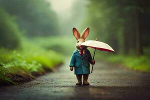 ein Hase im ein passen halten ein Regenschirm. KI-generiert foto