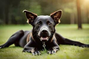 ein schwarz Hund Verlegung auf das Gras. KI-generiert foto