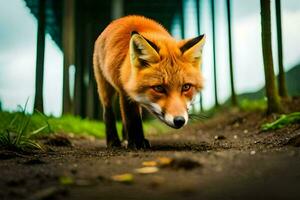 ein rot Fuchs Spaziergänge entlang ein Schmutz Straße. KI-generiert foto