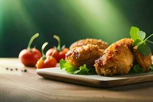 Hähnchen Flügel auf ein Teller mit Tomaten und Kräuter. KI-generiert foto