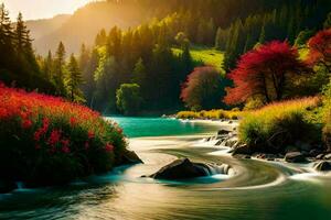 schön Landschaft mit Fluss und bunt Blumen. KI-generiert foto