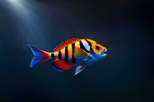 ein Fisch mit hell Farben auf ein dunkel Hintergrund. KI-generiert foto