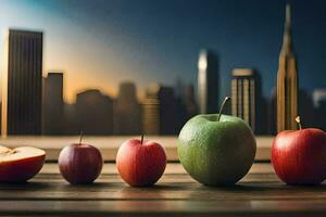 Äpfel und ein Apfel im Vorderseite von ein Stadt Horizont. KI-generiert foto