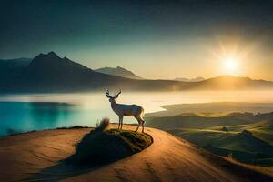 das Hirsch ist Stehen auf das Kante von ein Cliff mit Blick auf das See. KI-generiert foto