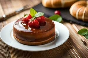 ein Kuchen mit Erdbeeren und Schokolade auf ein Platte. KI-generiert foto