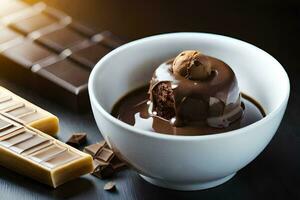 Schokolade Pudding im ein Schüssel mit Schokolade Riegel. KI-generiert foto