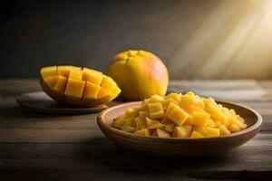 das Leistungen von Essen Mangos. KI-generiert foto