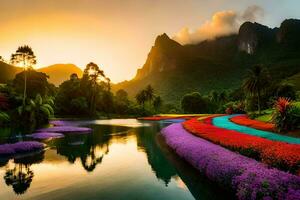 ein schön Sonnenuntergang Über ein Fluss mit bunt Blumen. KI-generiert foto