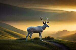 ein Weiß Hirsch steht auf ein Hügel im das Sonnenuntergang. KI-generiert foto