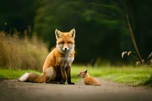 ein Fuchs und ihr Jungtier auf ein Straße. KI-generiert foto