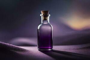 ein Flasche von lila Flüssigkeit Sitzung auf ein Tisch. KI-generiert foto