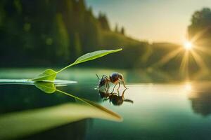 ein klein Ameise ist Stehen auf das Wasser mit ein Blatt. KI-generiert foto