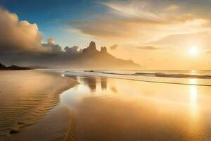 das Sonne setzt Über ein Strand und Berg. KI-generiert foto