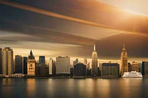das Horizont von Neu York Stadt beim Sonnenuntergang. KI-generiert foto