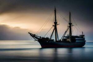 ein Segeln Schiff im das Ozean beim Sonnenuntergang. KI-generiert foto