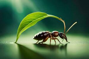 ein klein Insekt mit ein Blatt auf es ist zurück. KI-generiert foto