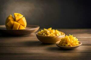 Mango Scheiben im Schalen auf ein hölzern Tisch. KI-generiert foto