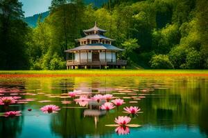 Rosa Lotus Blumen im das Wasser in der Nähe von ein Pagode. KI-generiert foto